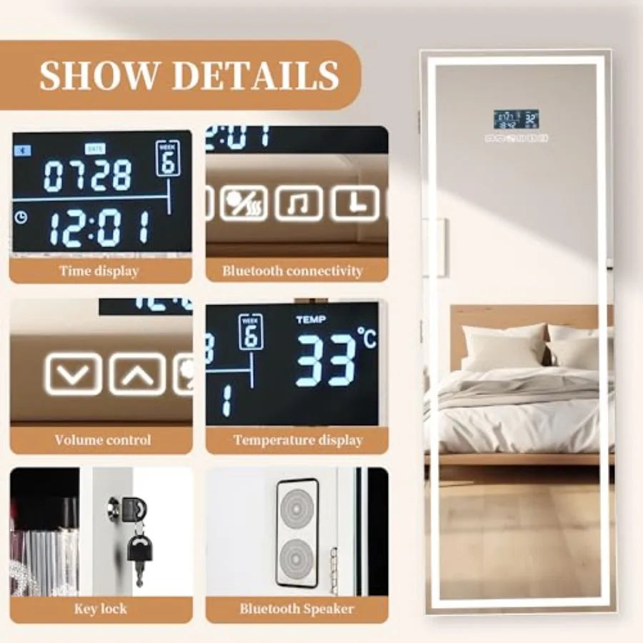 LED Mirror Jewelry Cabinet with Bluetooth Speaker Wall/Door Mounted Jewelry Organizer Armoire Full Length Lighted Mirror with J