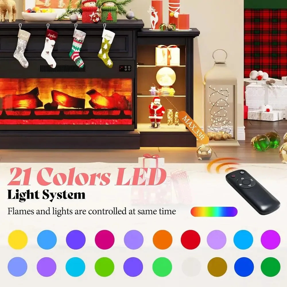 3-Sided  Electric Fireplace TV Stand, 70 Farmhouse Style, Fits TVs up to 75, Mantel, Adjustable Shelves, LED Lights，Customized