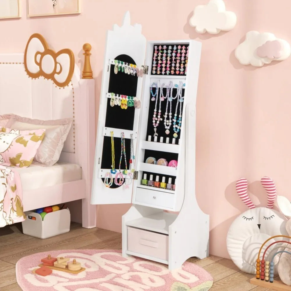 2-in-1 Kids Jewelry Organizer Armoire Cabinet w/Storage and Full-Length Mirror