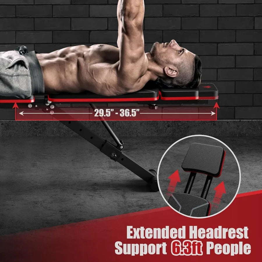 Adjustable Weight Bench for Home Gym: Foldable Incline Decline SitUp Exercise Bench with Leg Extension and Preacher Pad for Ful
