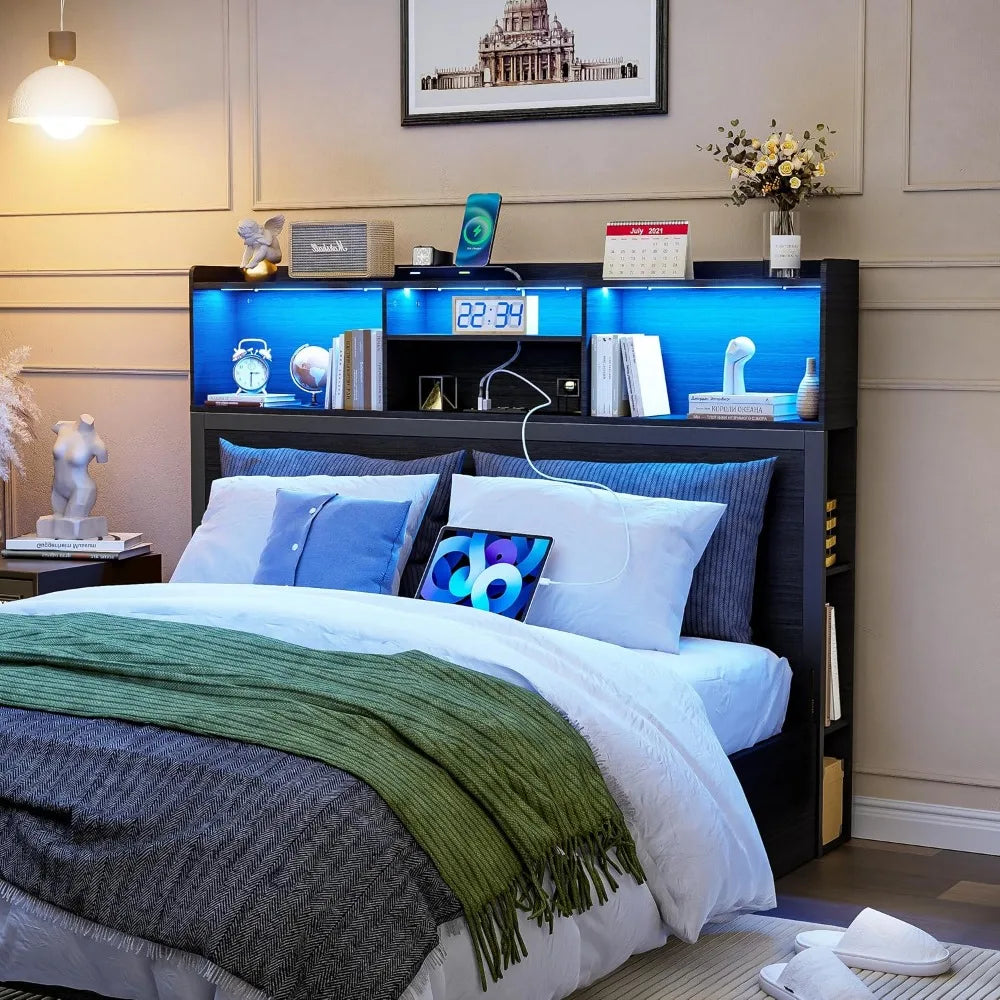 PAKASEPT Queen Headboard with Storage, Modern Bookcase Headboard with Adjustable LED Lights & Charging Station for Bedroom, Fash