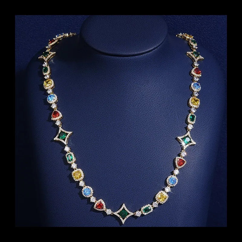 Colored Gemstone Tennis Chain, Hot-selling Diamond-encrusted Hip-hop Necklace, Niche Bracelet.