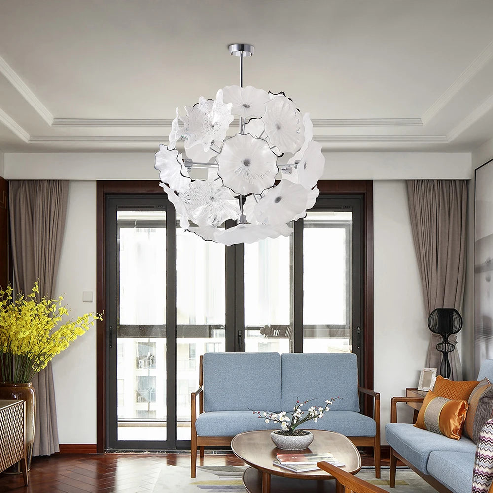 Longree Art Handmade Murano Glass Chandelier Flower Shaped LED Pendant Light for Home Entrance Hall Decorative Ceiling Lighting