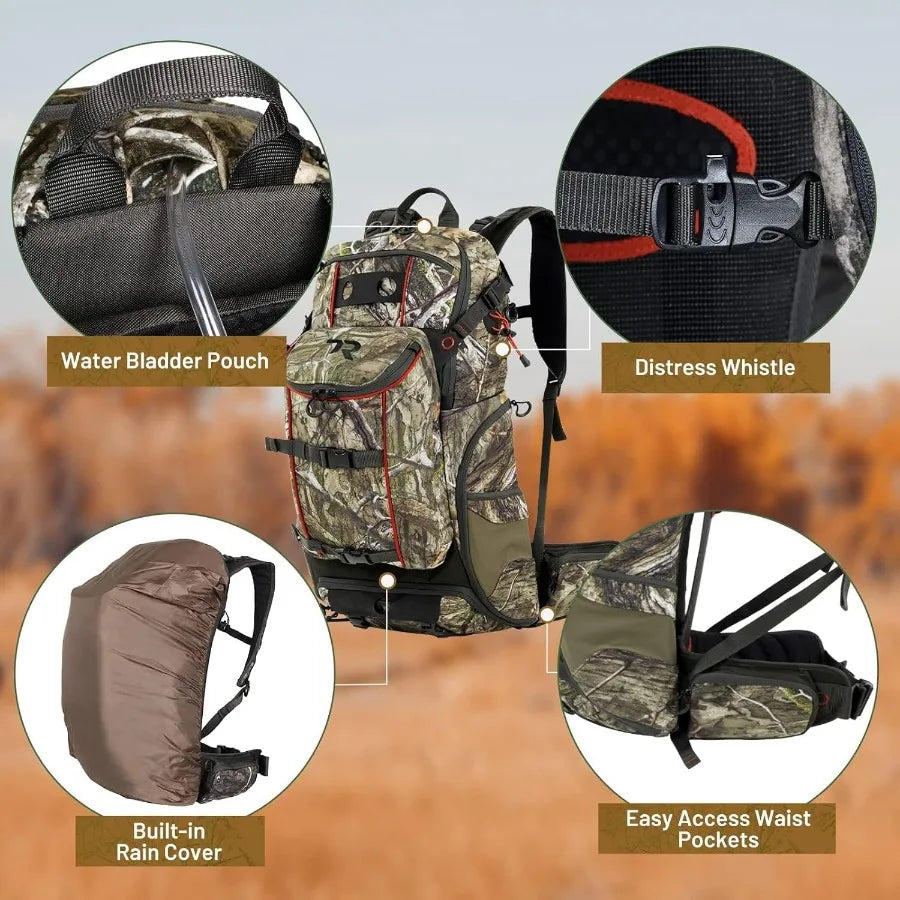 TR Hunting Backpack 3400cuWaterproof Hunting Pack with Rifle Holder Internal Frame Rain Cover Camo Hunting Daypack for Rifle Bo