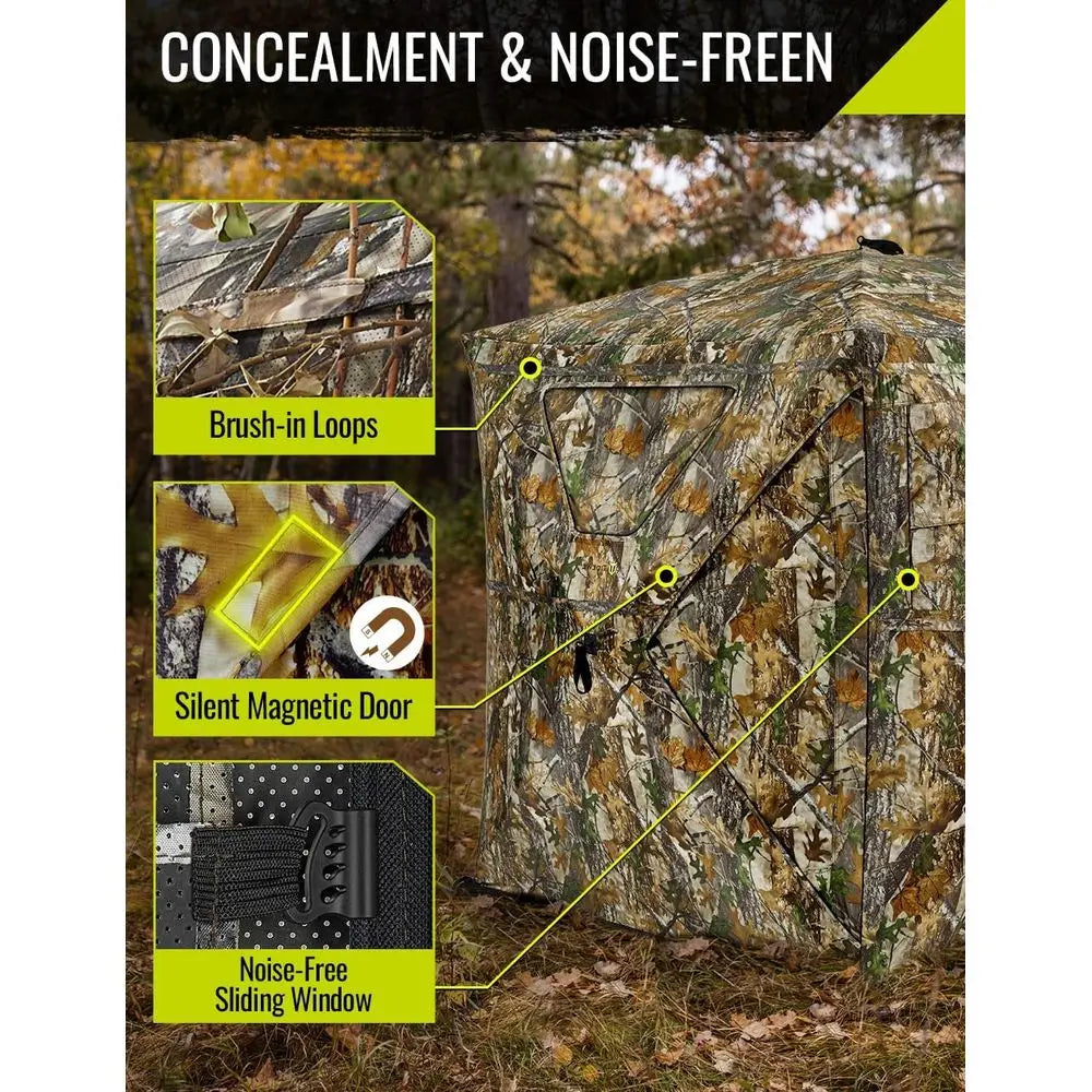 270° Panoramic View Silent Magnetic Door and Sliding Window 2-3 Person Pop-Up Ground Blind with Carry Bag, 300D Durable Camoufla