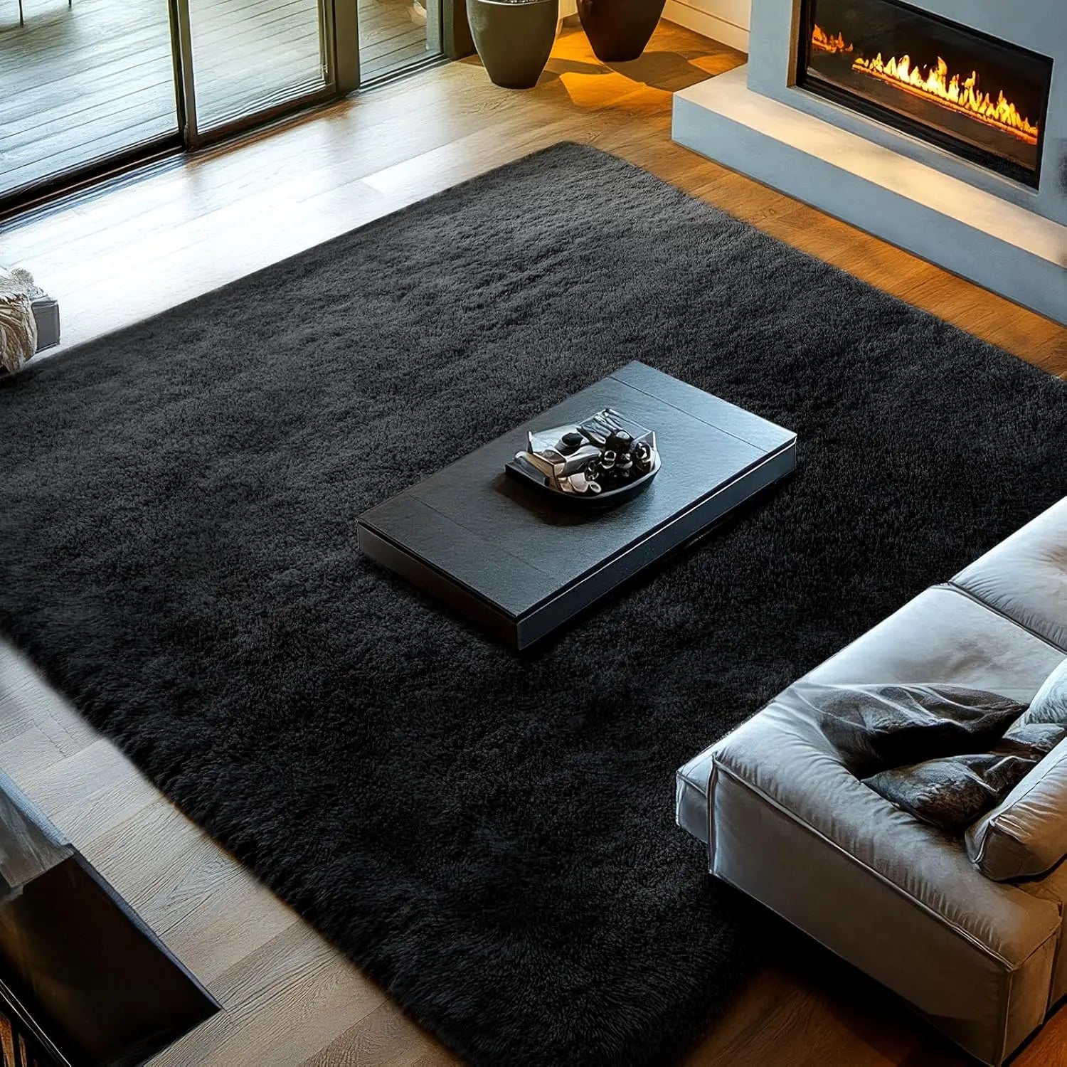 10x14 Black Shag Area Rug: Super Soft Large Modern Carpet for Living Room, Bedroom - Non-Slip Fluffy Indoor Floor Mat
