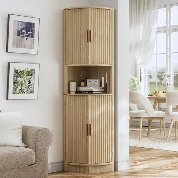 Maupvit 68 Tall Corner Storage Cabinet with 4 Doors and 5 Shelves, Modern Fluted Storage Cabinets, Corner Pantry Hutch Cupboard