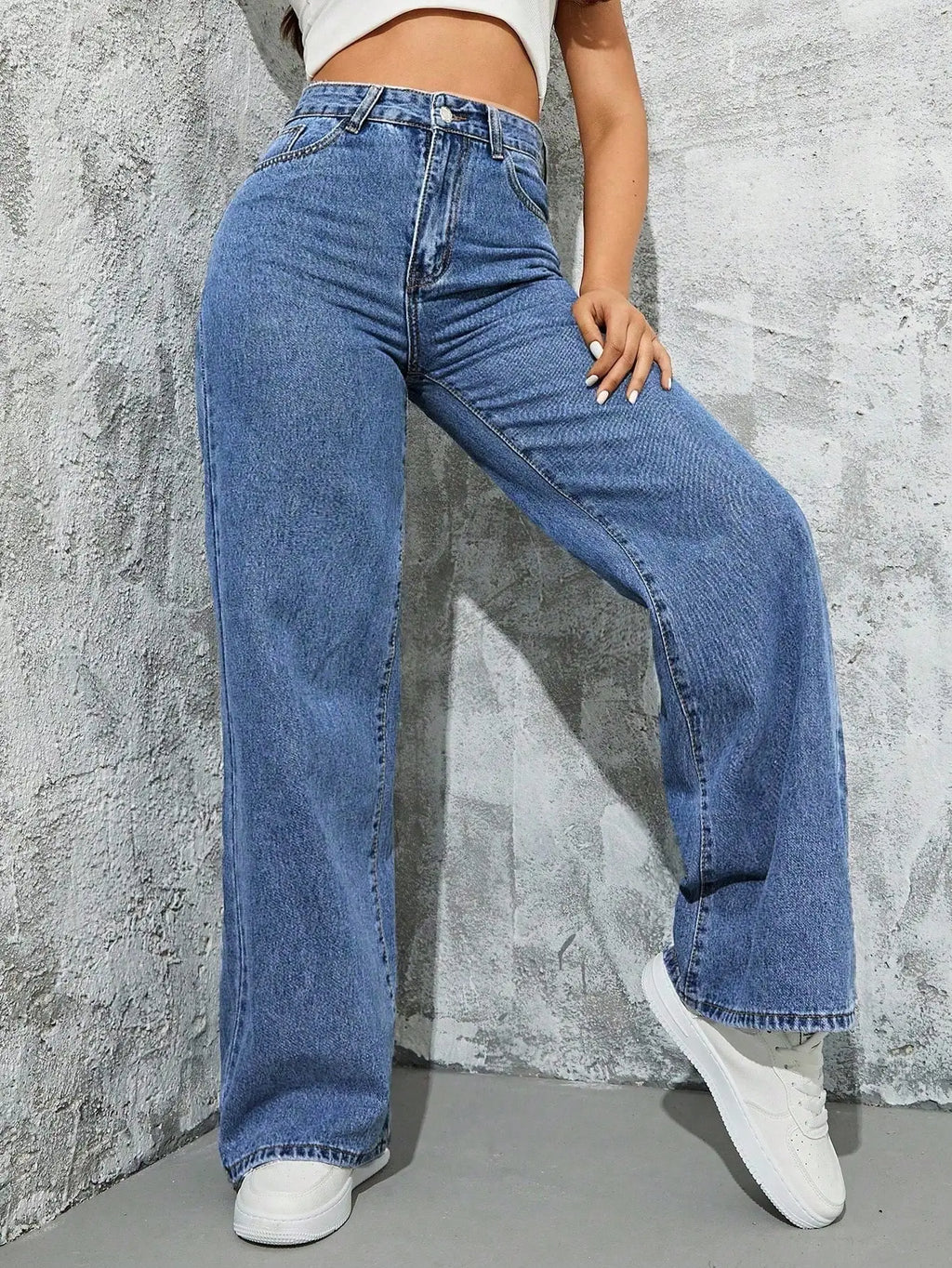 Women's High Waist Wide Leg Denim Jeans with Pockets, Casual Streetwear Style