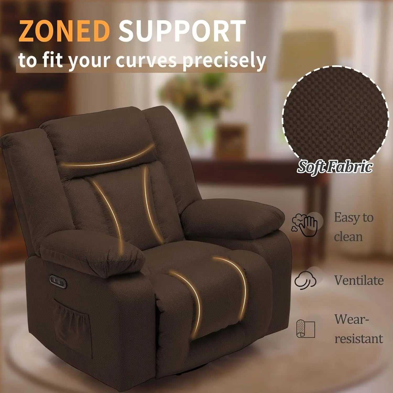 Oversized Recliner Chair, Electric Glider Rocker with Massage & Heating, Waffle Fabric, Side Pockets for Living Room
