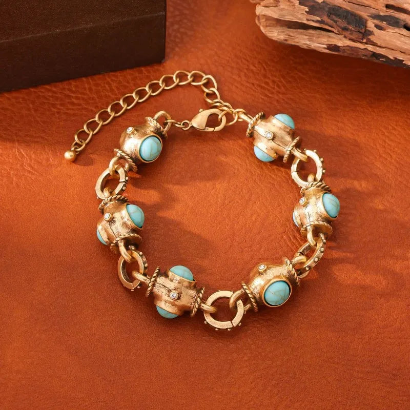 Medieval Vintage Turquoise Bracelet Retro Court Style Heavy Industry Jewelry Colored Geometric Glazed French Bracelet