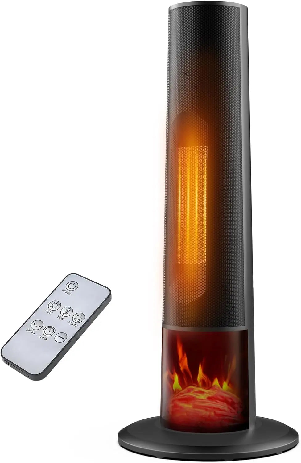 Electric Tower Heater with 3D Flame, Portable Space Heater for Bedroom, Office – 2 Modes, Thermostat, Tip-over Protection, Oscil