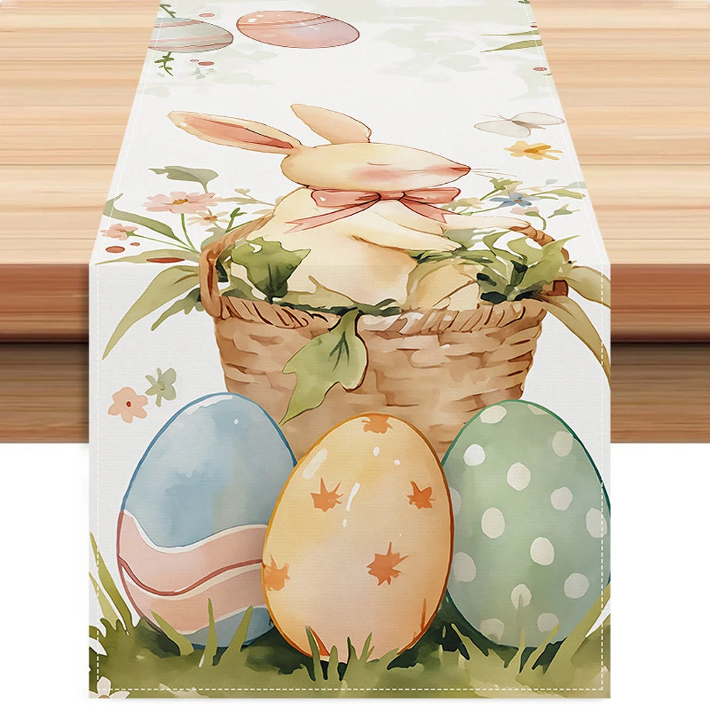 Easter Bunny Eggs Linen Table Runner Easter Rabbit Table Runner Washable Spring Table Runners for Kitchen Dining Table Decor