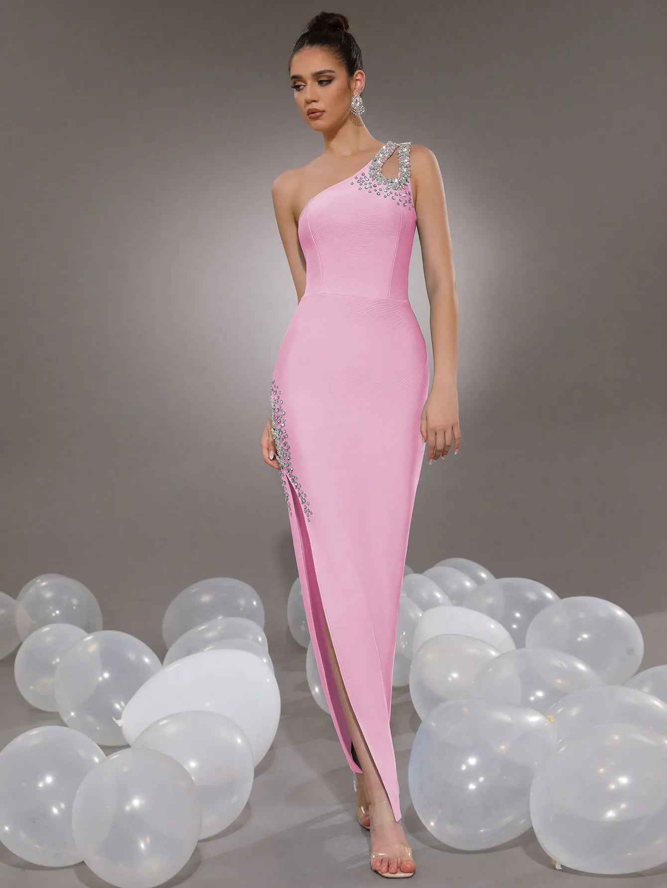 Black One-Shoulder Rhinestone Bodycon Maxi Dress with High Slit for Formal Evening Prom Wedding