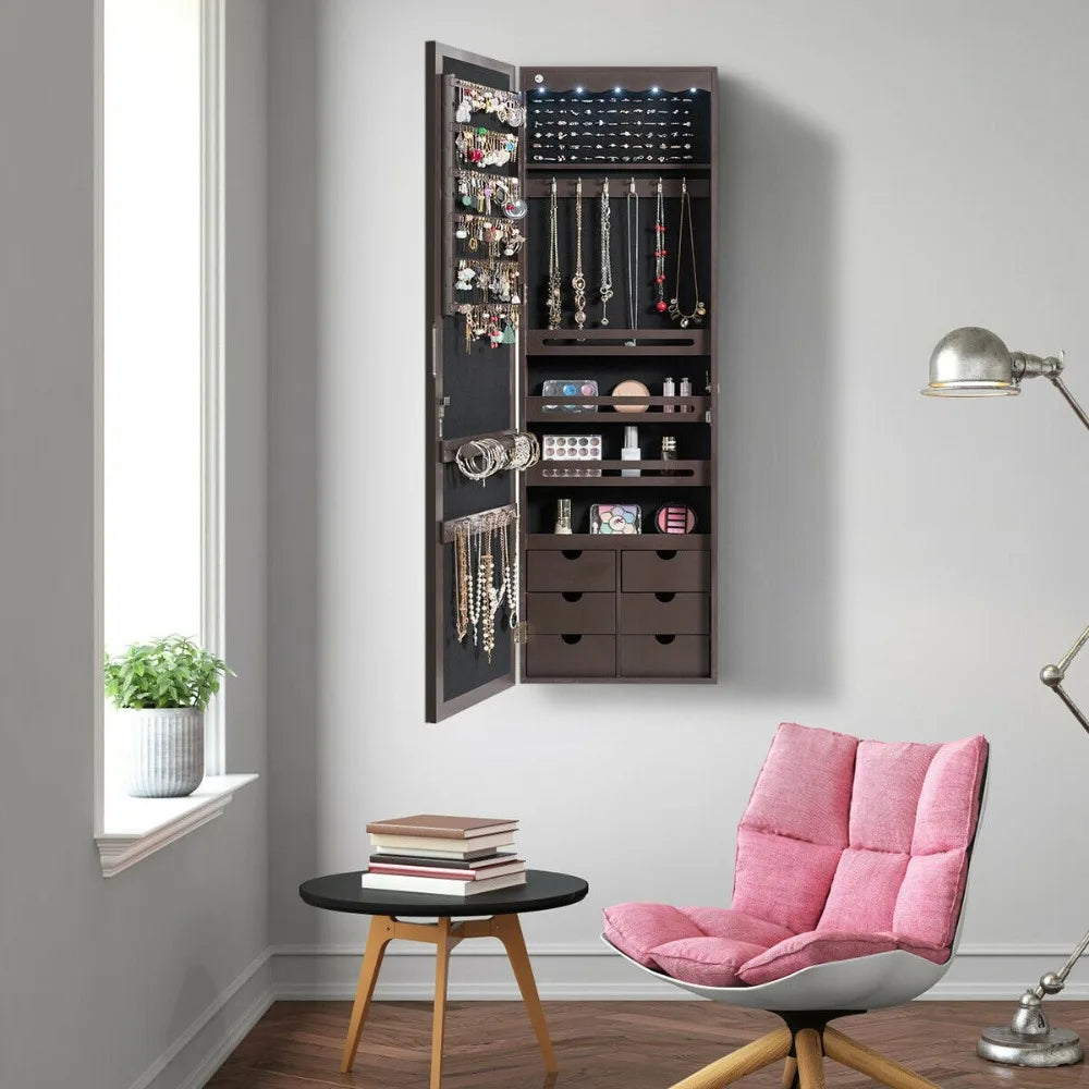Lockable Wall Door Mounted Jewelry Cabinet LED Mirror Brown