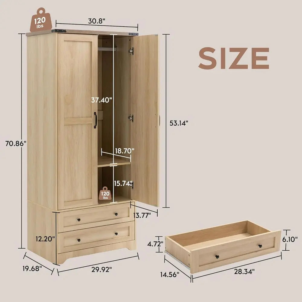 Armoire Wardrobe Closet with 2 Modern Doors Set of 2, 71" Tall Freestanding Closet Wardrobe Cabinet with Drawers and,Customized
