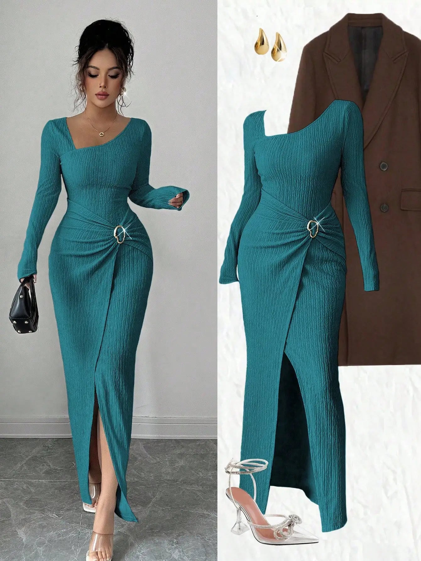 Women's Solid Color Fashion Solid Color Twisted Long Dress ,Asymmetrical -Neck Knitted Texture Tight Bodycon,