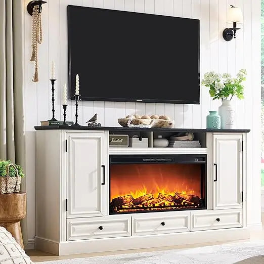 Fireplace TV Stand for 80 Inch TV, 35.7" Tall Farmhouse Entertainment Center W/36'' Electric Fireplace, Media Console with Large