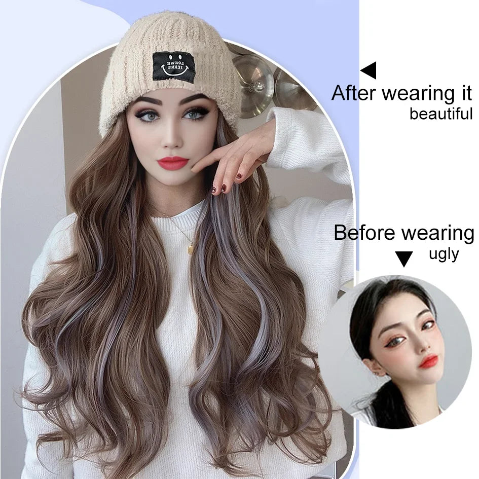 Synthetic 18 inch knitted hat with long curly hair hat wig, wavy wig, winter wig, beige/blue/coffee knitted hat Christmas outfit