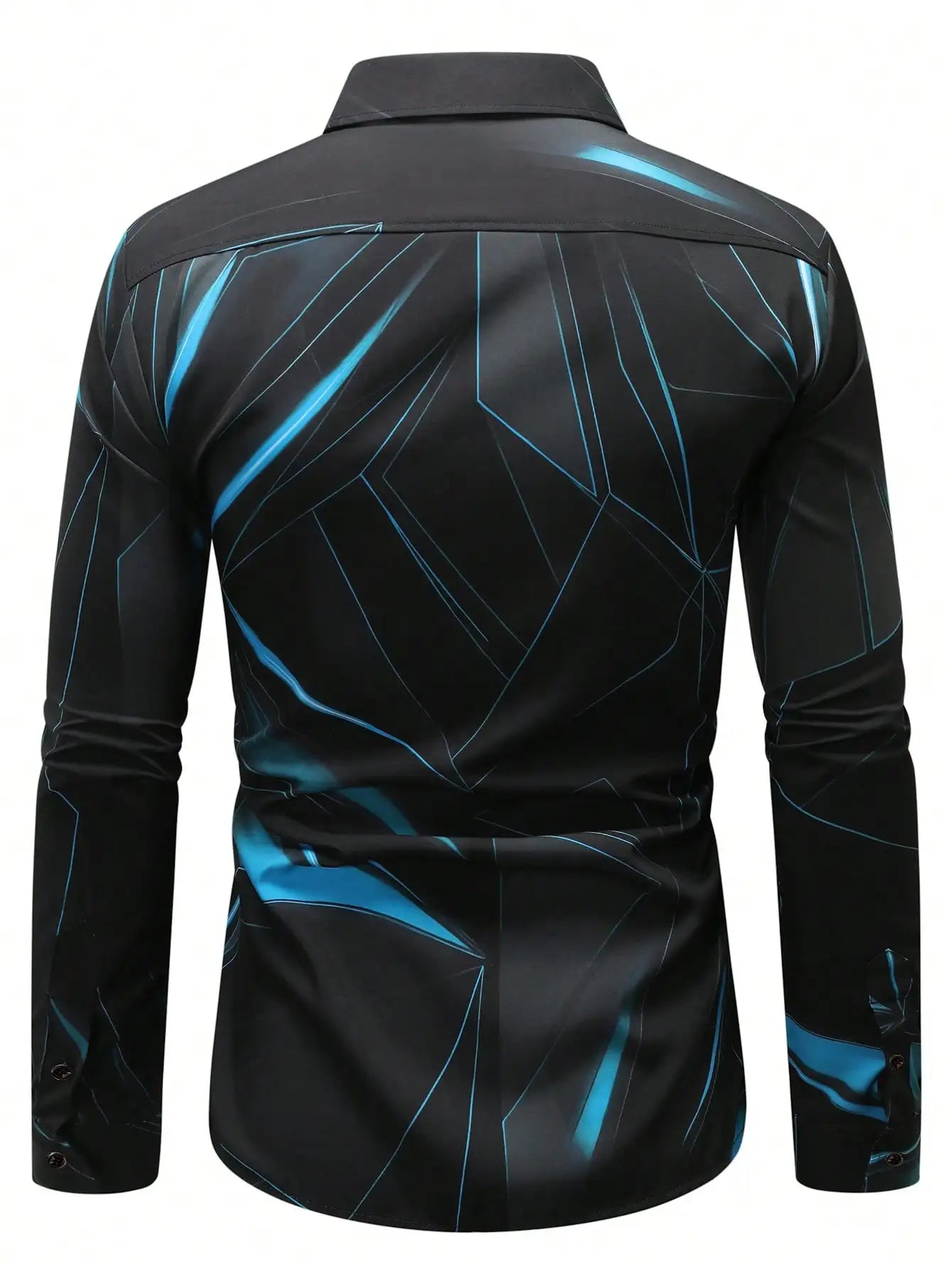 Men's Black Long Sleeve Shirt with Blue Geometric Graphic Pattern, Casual Style