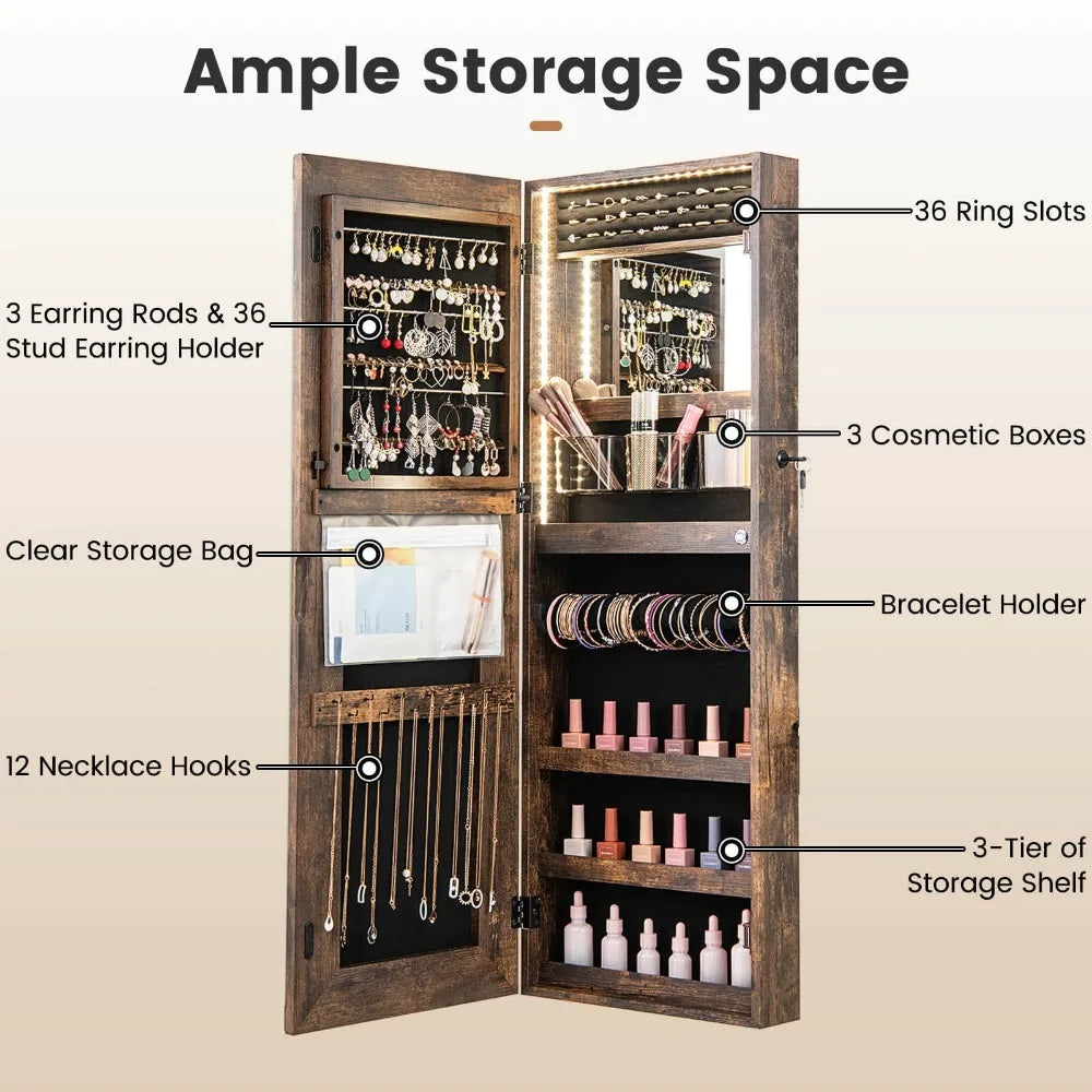 LED Mirror Jewelry Cabinet Wall/Door Mounted Organizer Armoire w/ 3 Color Light