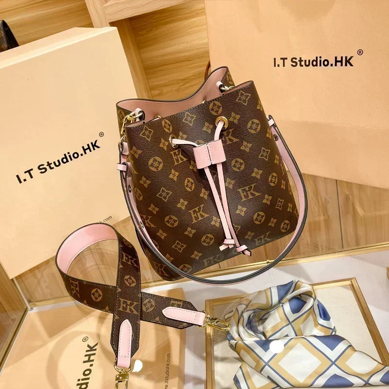 Luxury string Neonoe Drawstring bucket Genuine Leather purse women with Pouch shoulder Bucket Bags BL2