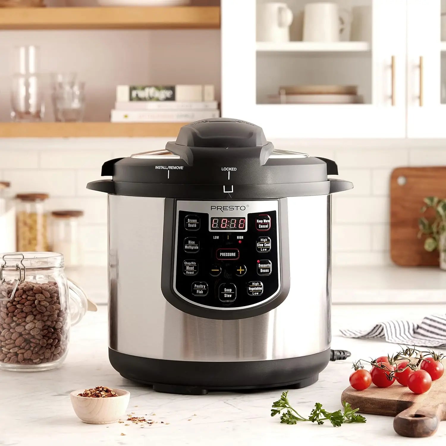 6-Quart Electric Pressure Cooker with Digital Display, Black and Silver Stainless Steel Design, Fast Cooking, Energy
