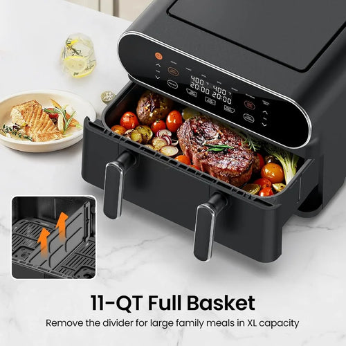 11-QT Large Air Fryer with 8-in-1 Multi-Cooking Functions Including Preheat Air Fry Roast Broil Bake Reheat Dehydrate and Frenc