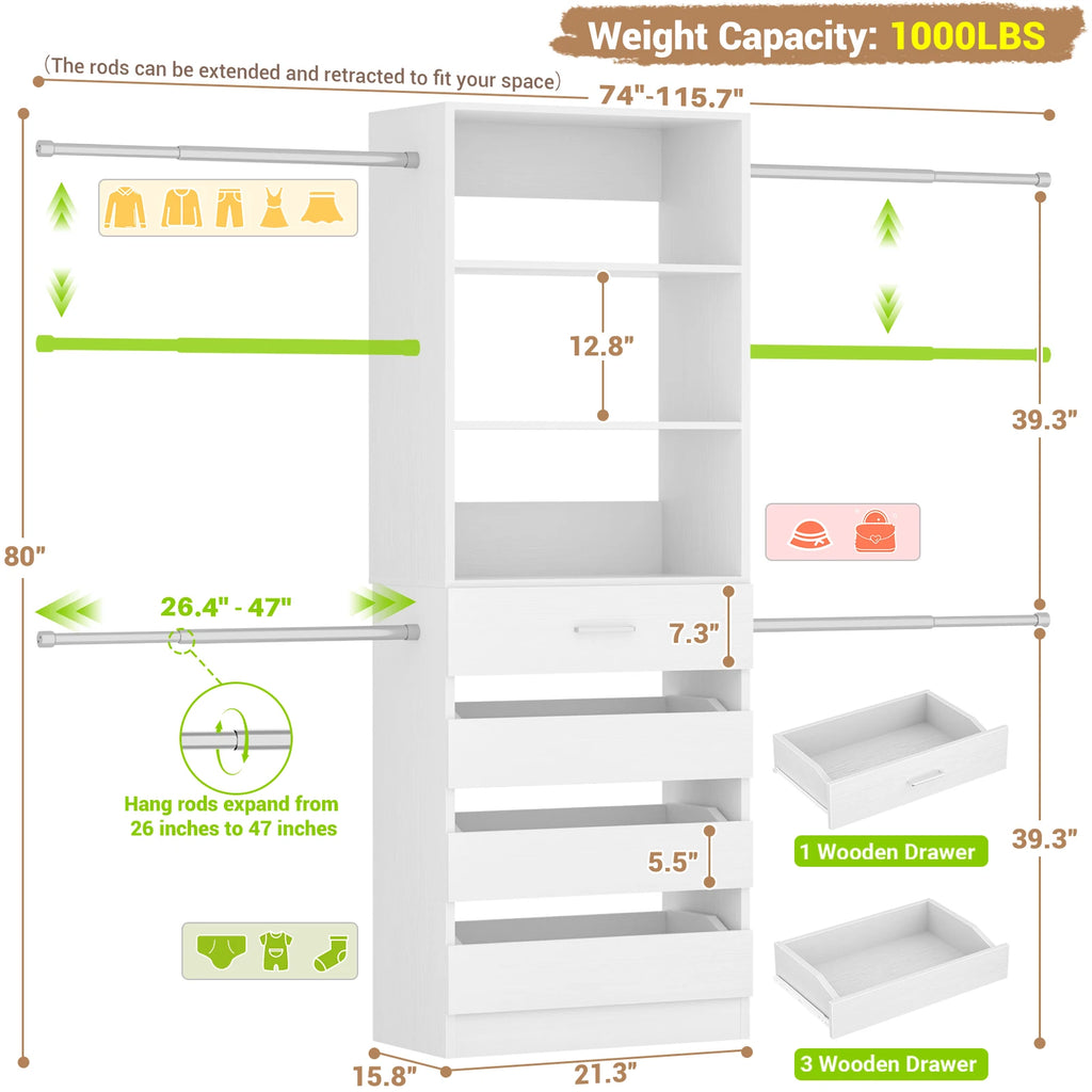 4-9Ft Closet System with 4 Wooden Drawers, Walk-in Closet Organizer Wardrobe Clothes Rack with 4 Hanging Rods, Garment Rack