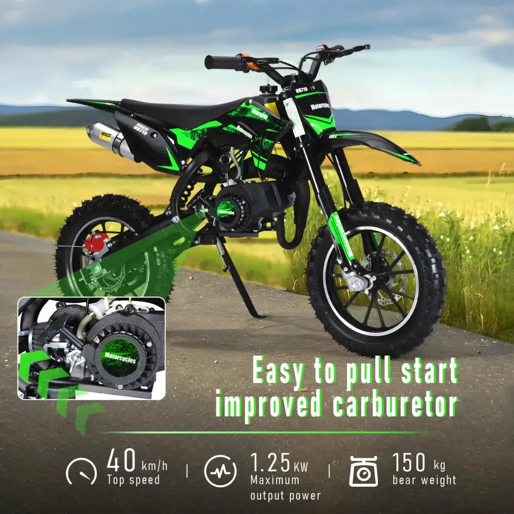 49CC 2-Stroke Gas Powered Motorcycle Mini Kid Dirt Bike With Off-Rode Tire Front Rear Disc Brakes Up To 25 Mph, Max Load 330 LBS