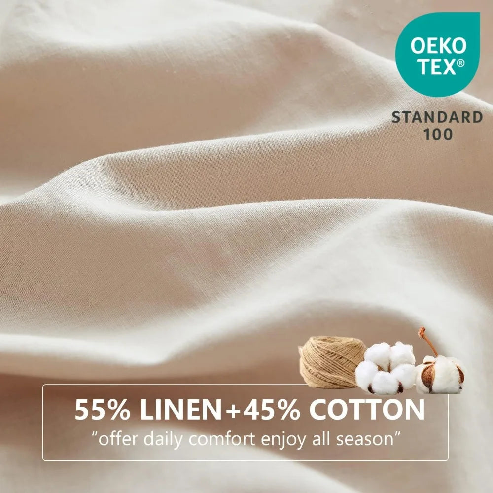 Belgian Linen Sheet Set with Long Ruffles 4pcs (1 Flat Sheet, 1 Fitted Sheet & 2 Pillowcases) Solid Shabby Vintage Chic Country