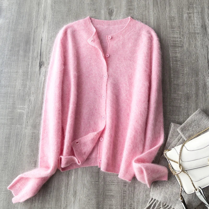 Women Fleece Wool Cashmere Sweater Cardigan Autumn Winter Round Neck Seamless Single Breasted Soft Knitwear