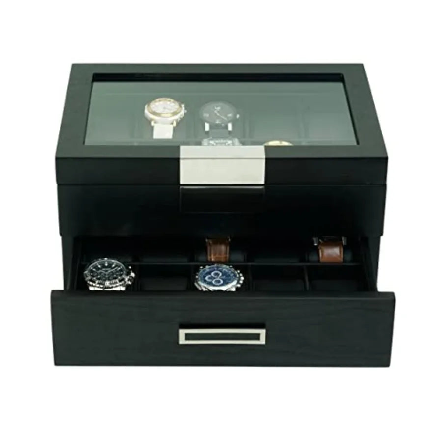 20 Black Ebony Wood Watch Extra Height Box Display Case 2 Level Storage Jewelry Organizer with Glass Top Stainless Steel Accent