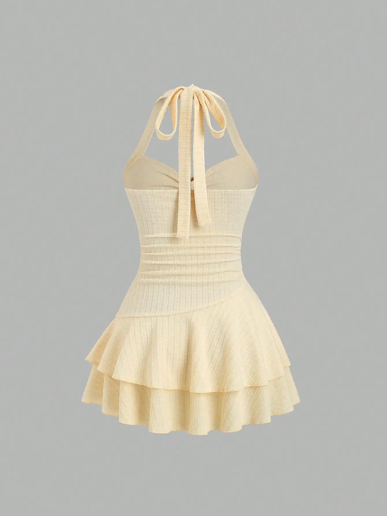 Cream Halter Mini Dress with Starfish Embellishment, Ruched Bodice & Tiered Ruffle Hem for Beach Vacation
