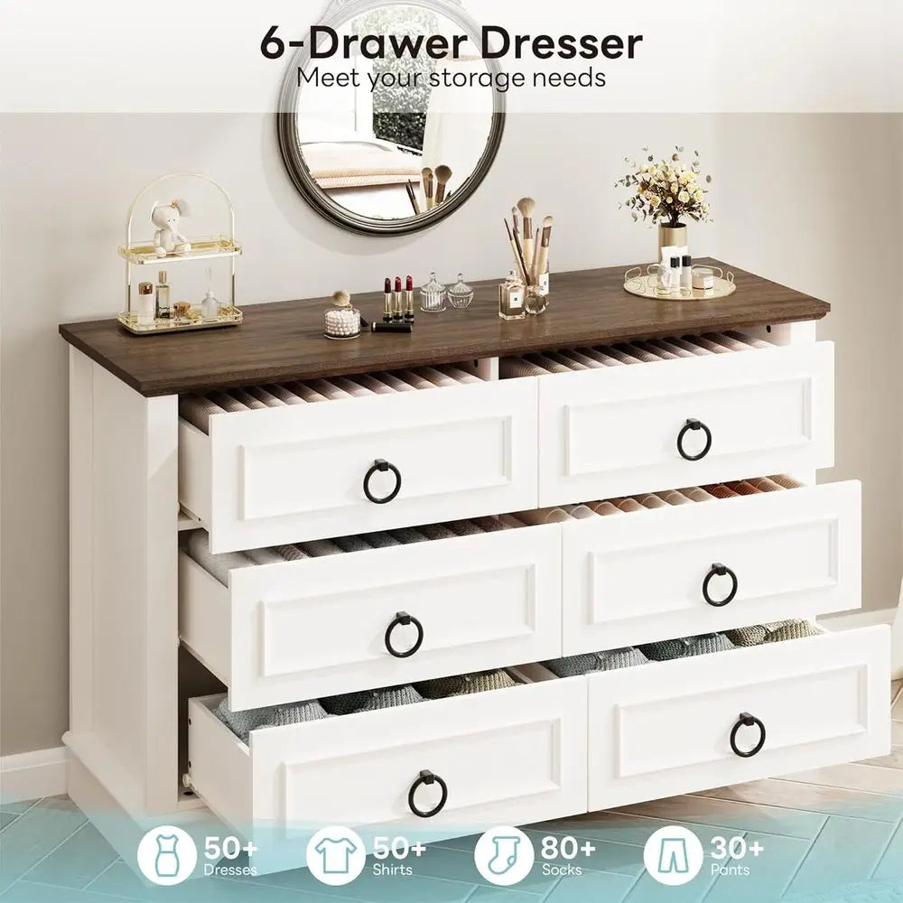 Modern 6-Drawer White Rustic Bedroom Dresser with Round Metal Handles and Thickened Top