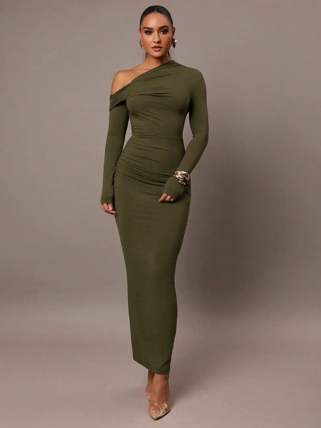 Solid Color Stretch Knitted, Sloping Shoulder Collar, Romantic Date, Autumn And Winter Bottoming Knitted Dress,