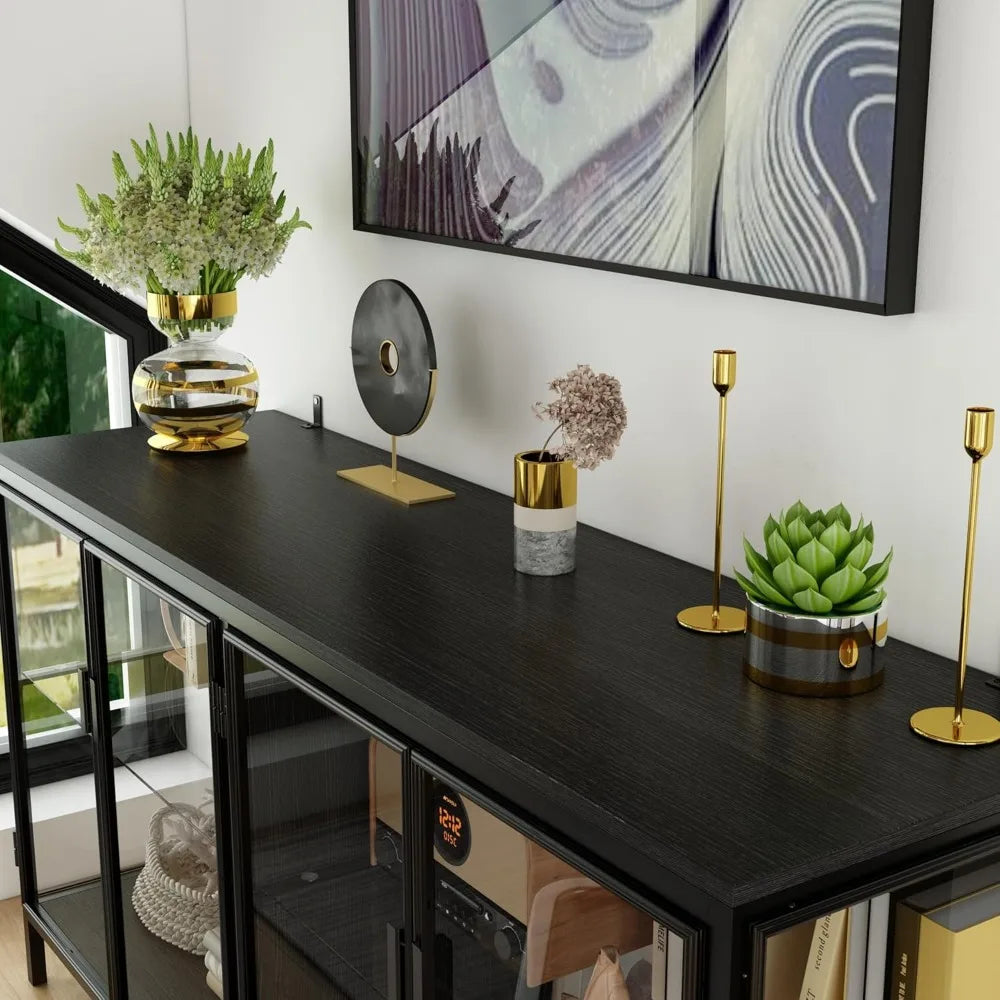 Customized.Storage Cabinet with 3-Color LED Lights, Glass Shelves & 4 Compartments, Sideboard Buffet with Solid Metal Legs,