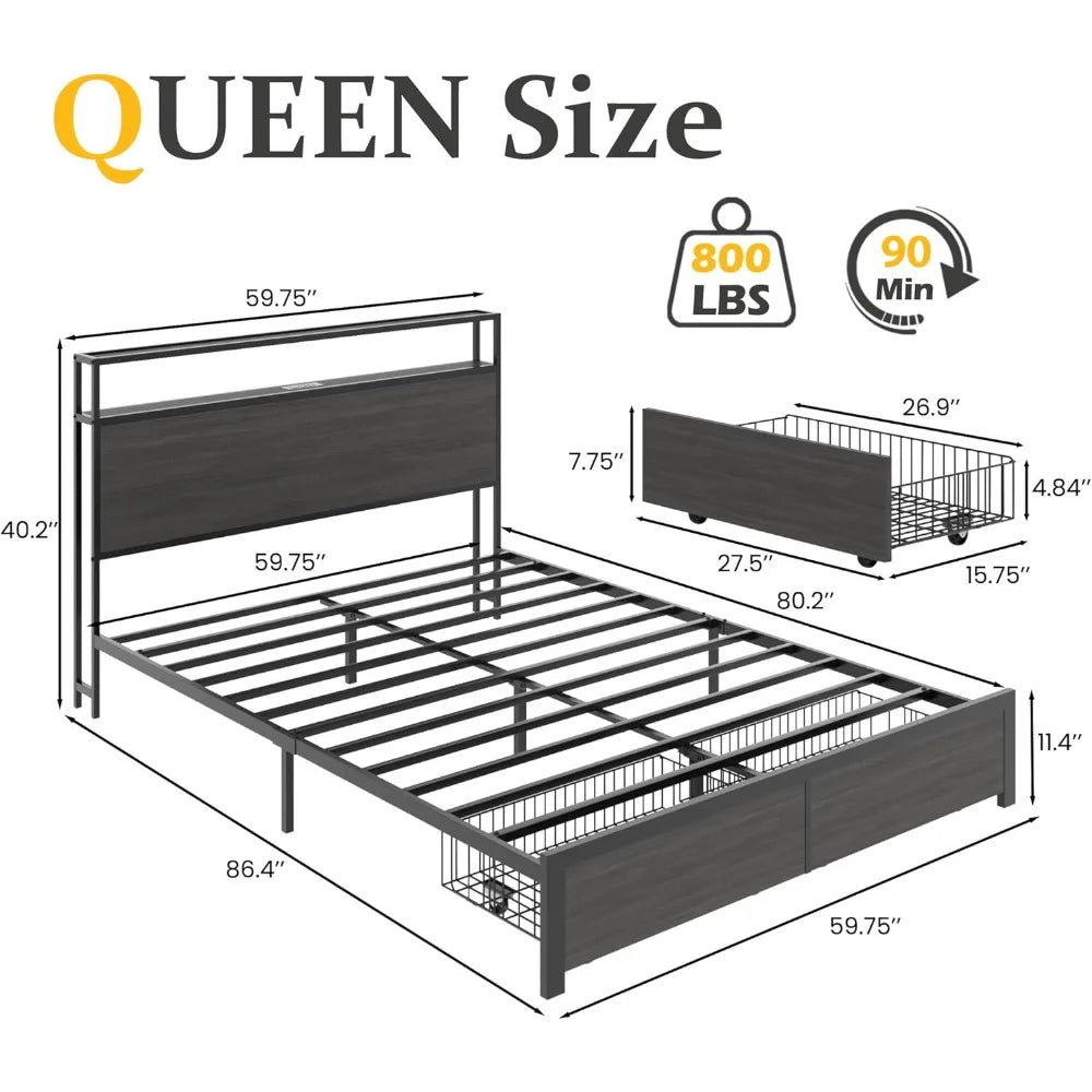 Queen Bed Frame with 2-Tier Storage Headboard, Metal Bed Frame with Storage Drawers & Built-in Charging Station & LED
