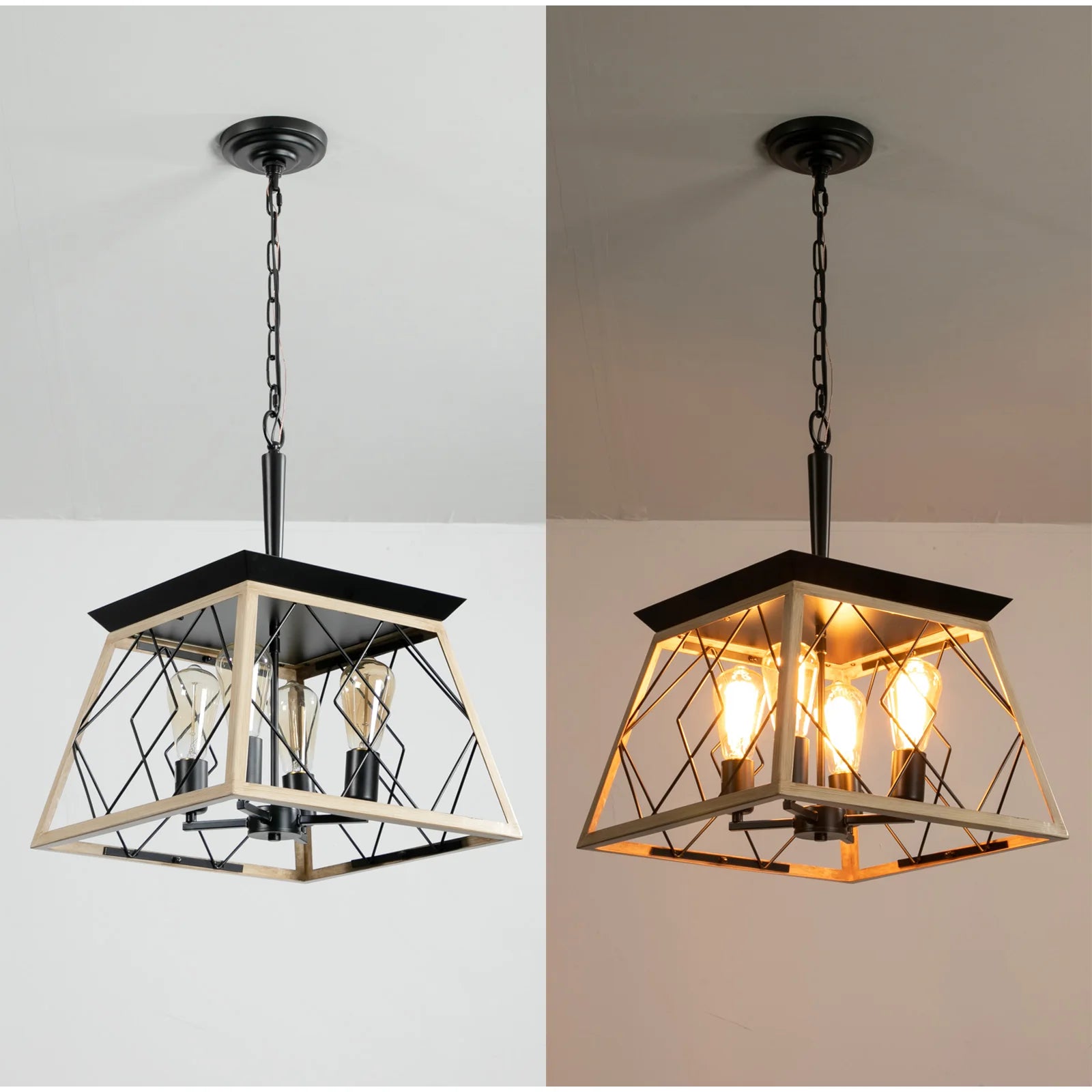 Industrial Retro Iron & Wood 4-Light Chandelier E26 Base Pendant Lighting for Dining Room Kitchen Living Room