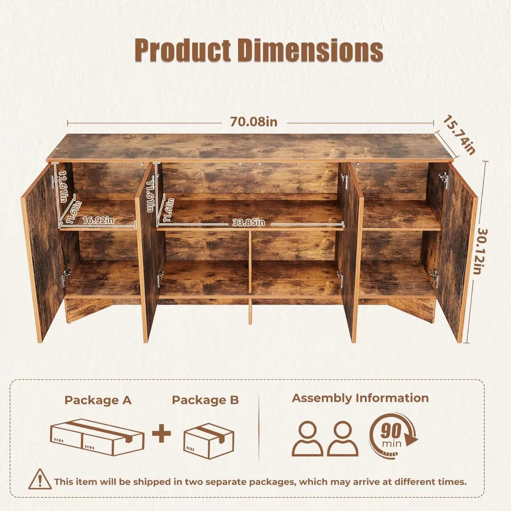Large Modern Boho Rattan Buffet Sideboard Cabinet with Storage and Credenza