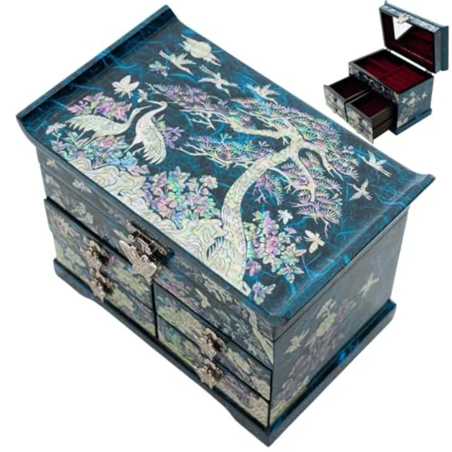 Elegant Mother of Pearl Jewelry Box Handcrafted Wooden Chest with Intricate Butterfly and Crane Designs 4 Drawer Storage and Re