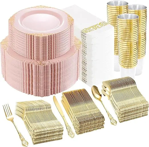 700PCS Gold Plastic Dinnerware Set - White and Gold Disposable Plates for 100 Guest - 200 Disposable Plates, 300 Heavy Duty