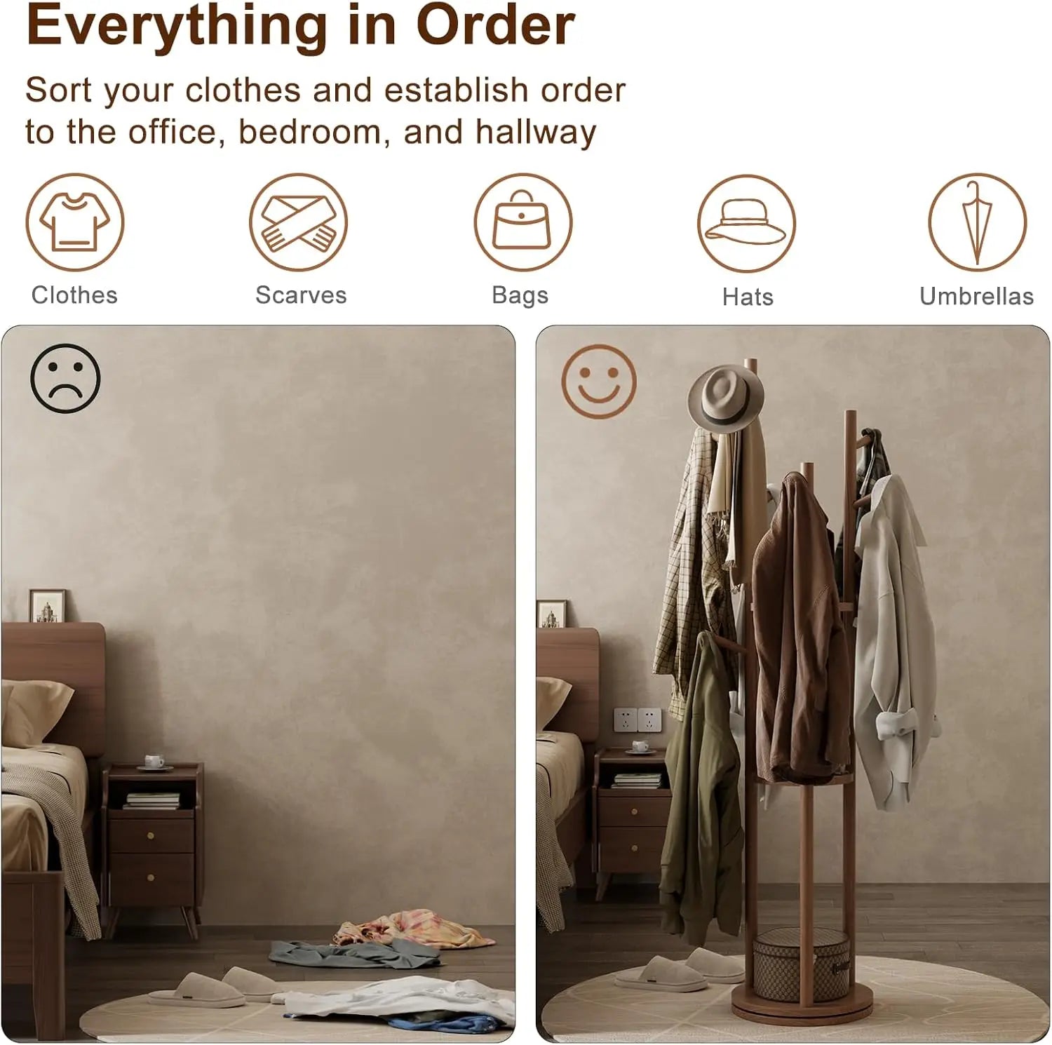 Solid Wood Rotary Coat Rack, Freestanding Coat Rack with 3 Shelves and 9 Hooks, Coat tree for Bedroom, Entryway, Livingroom