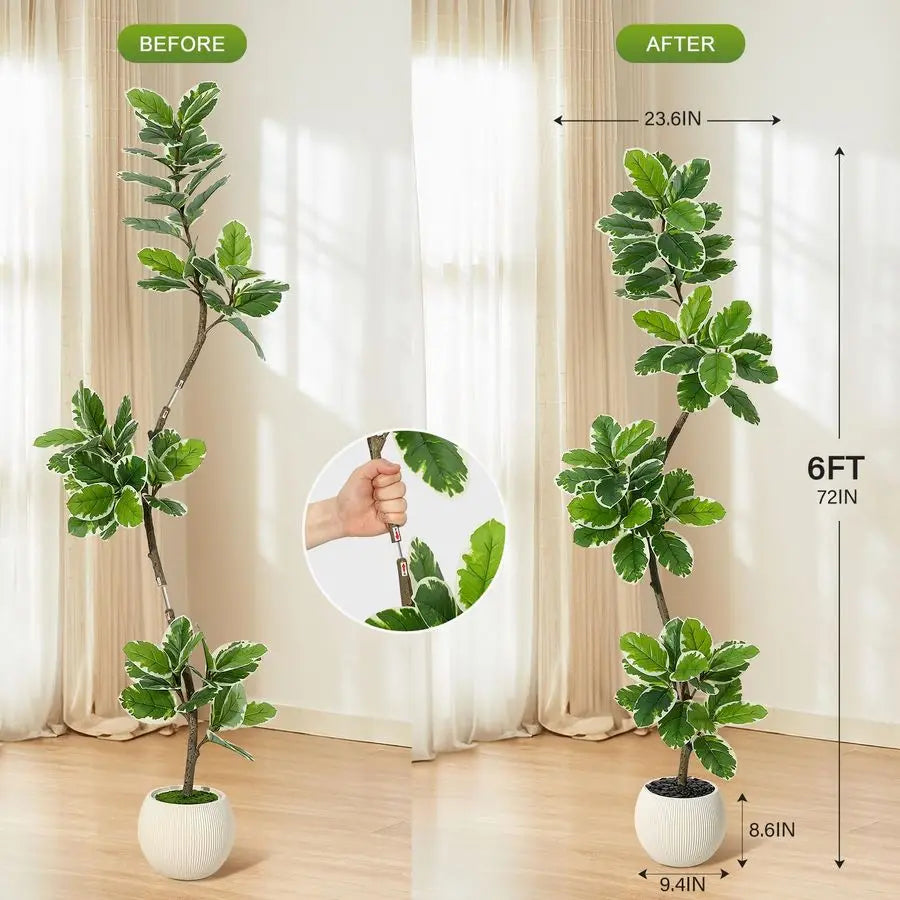 Fiddle Leaf Fig Tree Artificial Indoor, 6 ft Tall Faux Rubber Tree with Sphere Planter, Tall Artificial Plants with Moss for Hom