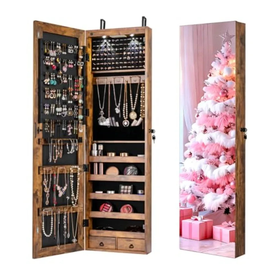 2 LEDs Full Length Mirror with Jewelry Armoire Jewelry Organizers and Storage with 2 Mounting Options 47.5 H Jewelry Cabinet wi