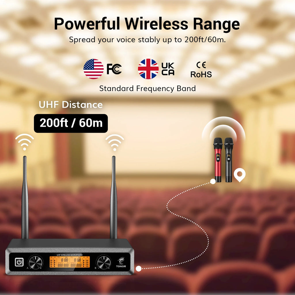 Wireless Microphone System, Professional Metal Cordless Karaoke Microphones, Handheld Dynamic Mic Set with Receiver, TW820
