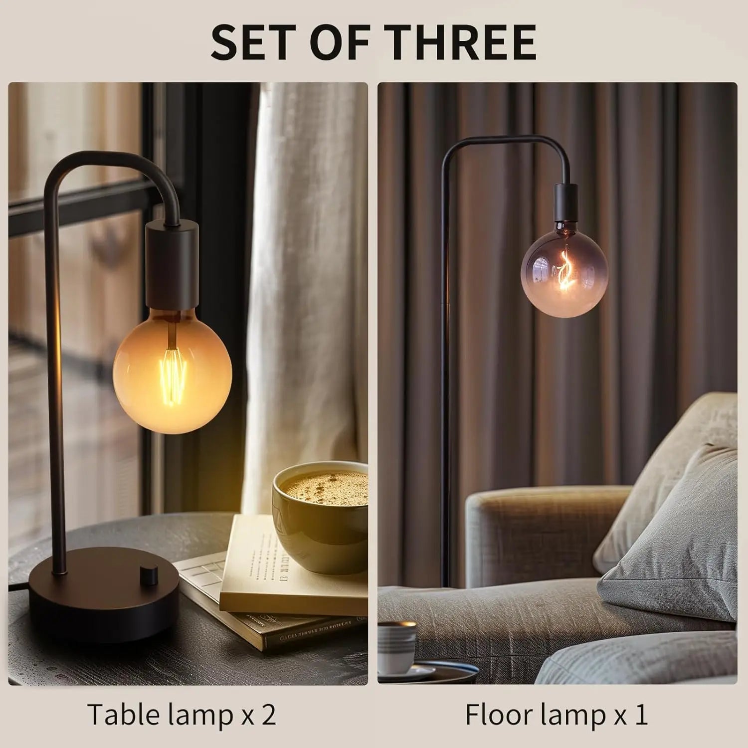 3-Piece Industrial Lamp Set with Dimmable Table Lamps and Floor Lamp, Includes Gradient Bulbs for Living Room and Bedroom