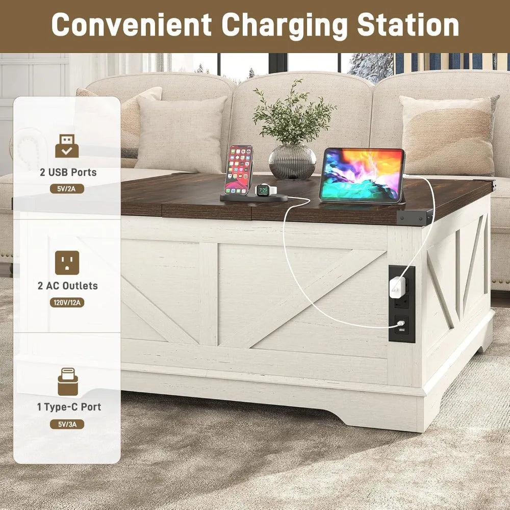 40” Large Farmhouse Lift Top Coffee Table with Power Outlets and Large Hidden Storage, Square Wood Living Room Tables, Multi-Fun