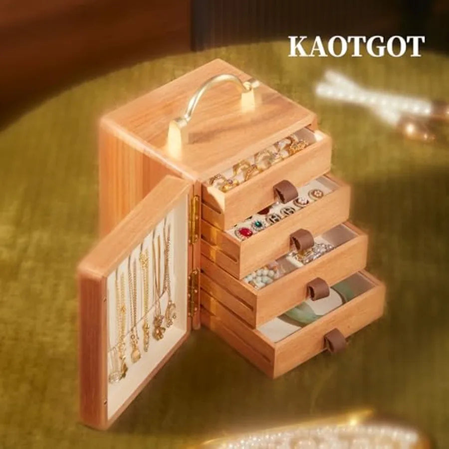 Wooden Jewelry Box for Women Walnut Wooden Jewelry Box with handle 4-Tier Jewelry Organizer for Rings Necklaces
