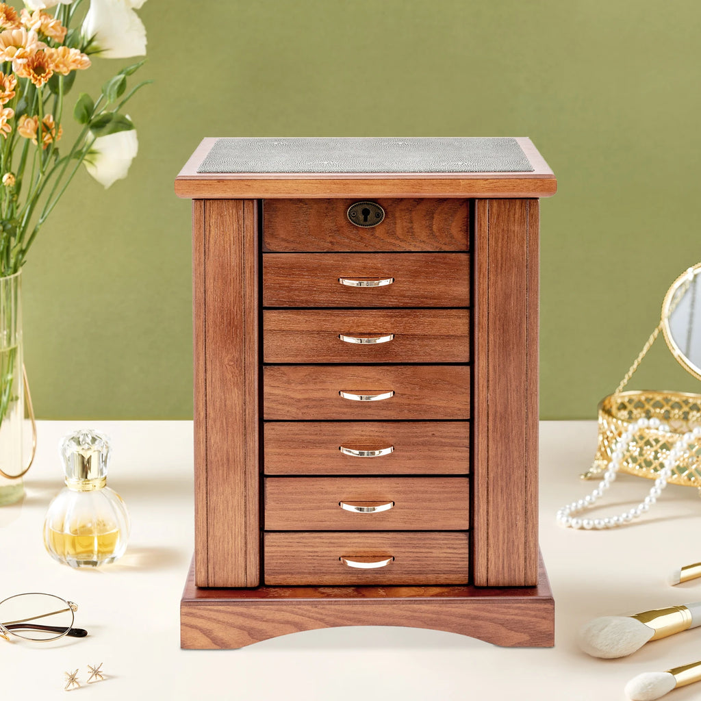 Retro Walnut Jewelry Box 7 Layers MDF Flocking Cloth Lining Rectangular Key Lock Free standing Grinding Painted