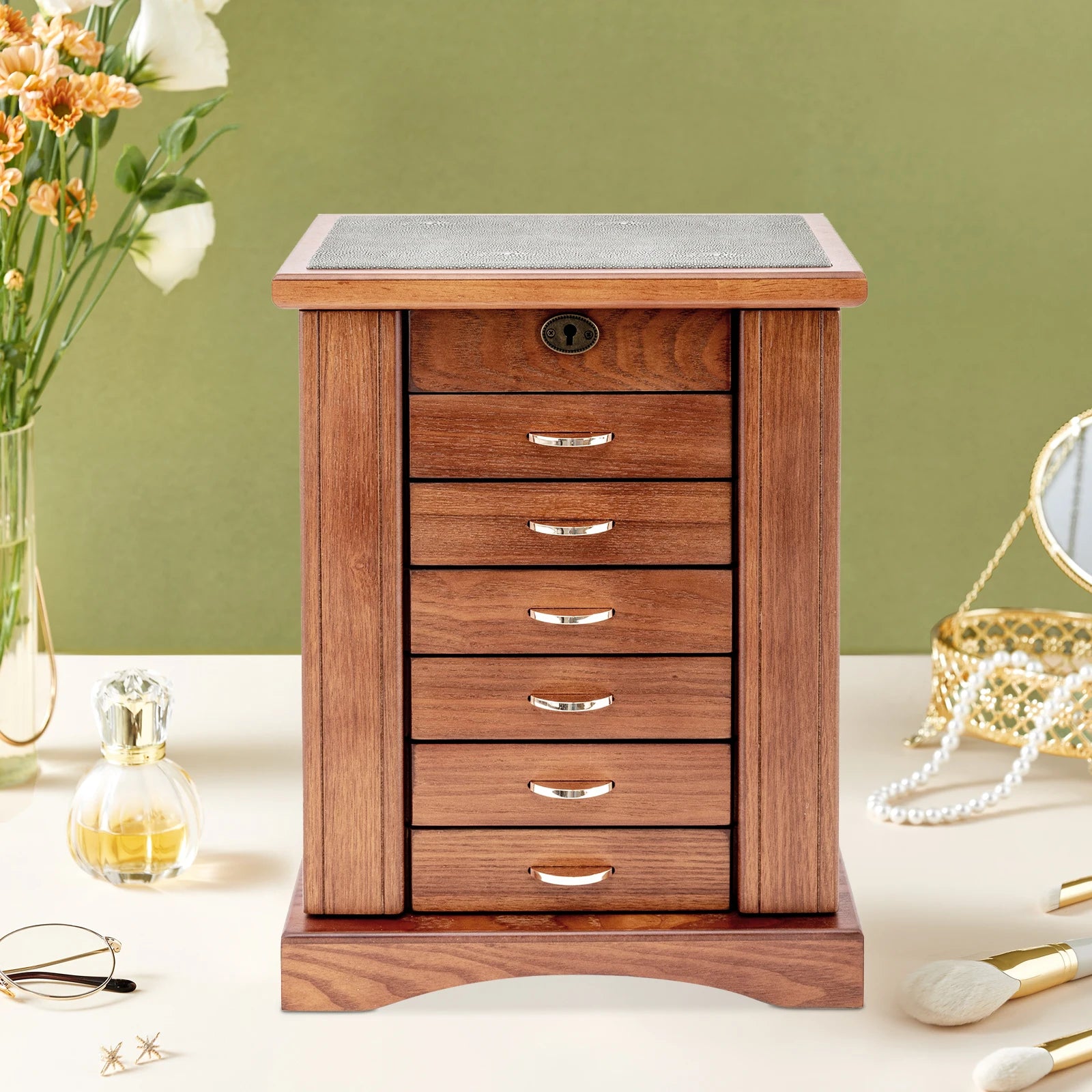 Retro Walnut Jewelry Box 7 Layers MDF Flocking Cloth Lining Rectangular Key Lock Free standing Grinding Painted